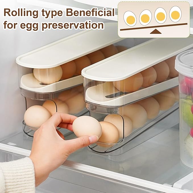 Egg Holder for Fridge, 2025 New Egg Organizer for Refrigerator Automatic Scrolling Eggs Rack Holder Rolling Dispenser, Stackable Fridge Container and Storage with Lid (2 Pcs)
