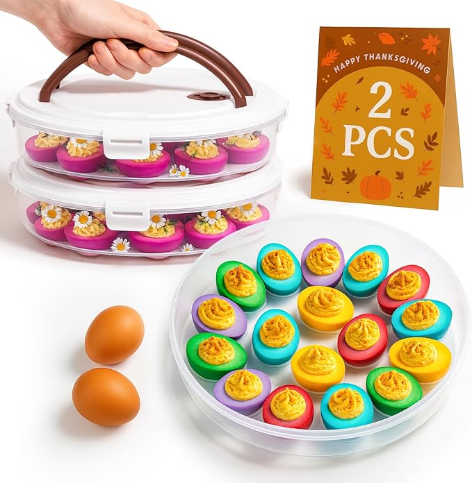 77L 2-Pack Deviled Egg Container with Lid – 34-Egg Platter with Handle, Stackable & Portable Carrier for Parties, Holidays, Camping, and Fridge Storage