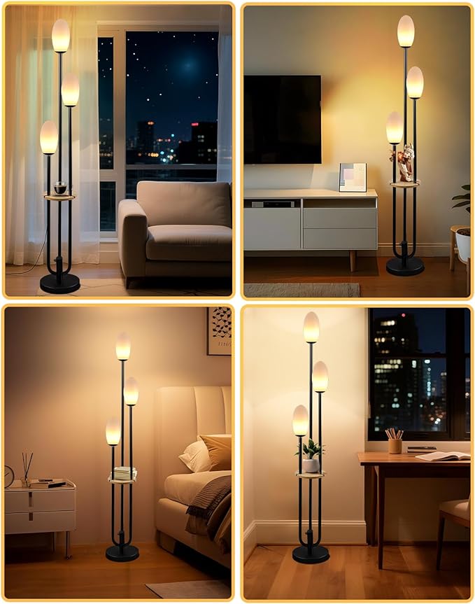 Black Dimmable Floor Lamp with Table, Unique Candle Holder Style Tall Standing
