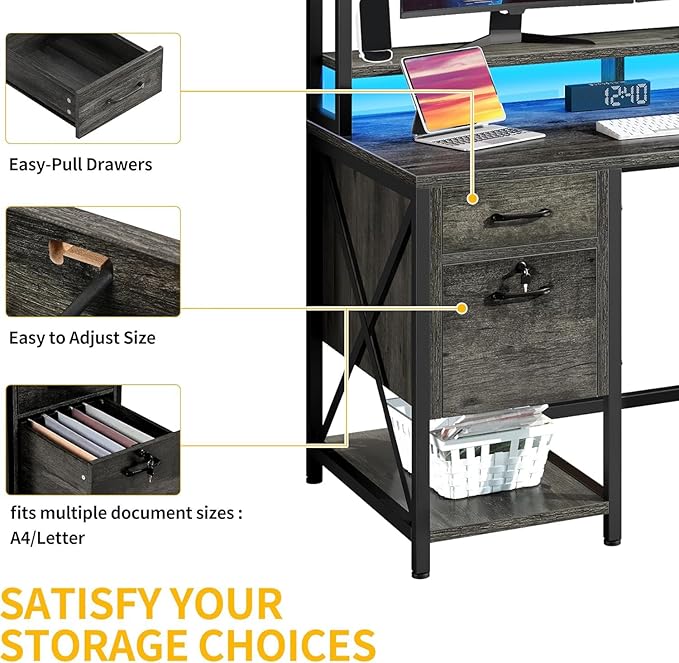 DWVO Computer Desk with Drawers & Hutch, 59.1" Office Desk with Power Outlets & LED Lights, Home Office Desk with Storage Shelves, Grey