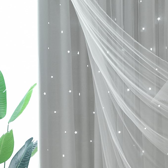 Kinryb Kids Star Cutout Curtains for Bedroom/Living Room/Classroom,2 Free Tiebacks Sheer Overlay 95 Inches 2 Panel Set, Double Layer Curtains for Kids Room(W52xL95 Inches,Greyish White 2 Pcs)