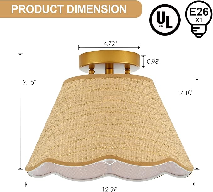 13” Boho Semi Flush Mount Ceiling Light Hand Woven Rattan Mini Chandelier