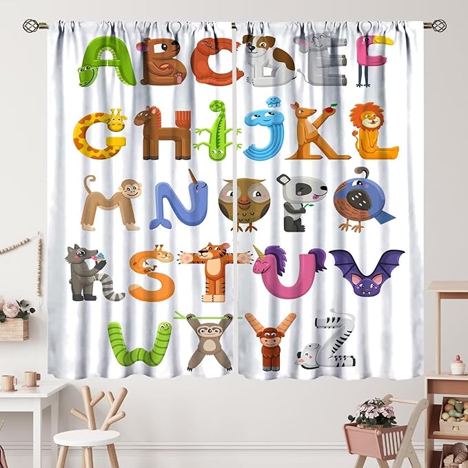 Kids Alphabet Curtains Cartoon Animal Baby Children Funny Learning Educational Curtain with Rod Pocket for Bedroom Nursery Decor Drapes Window Treatments 2 Panels Set 42x63in