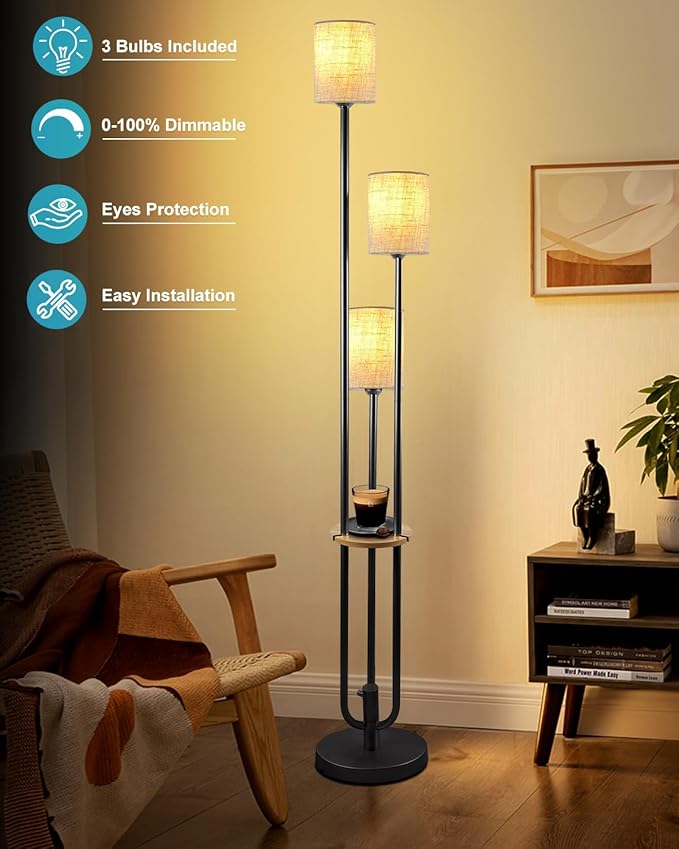63IN Dimmable Floor Lamp with Shelf, Unique Black Tall Standing Lamps with Table