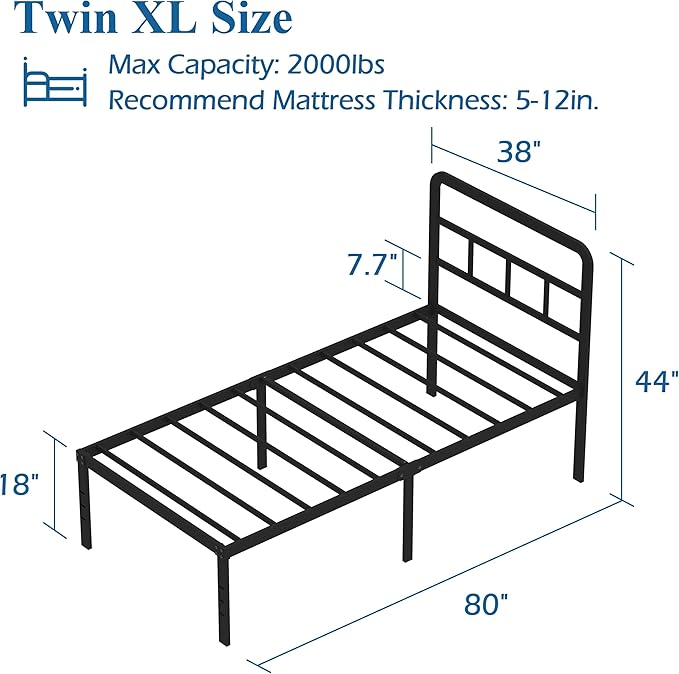 18 Inch Twin XL Bed Frame with Headboard No Box Spring Needed Metal Platform Heavy Duty Steel Slat Mattress Foundation/Easy Assembly/Noise Free/Black