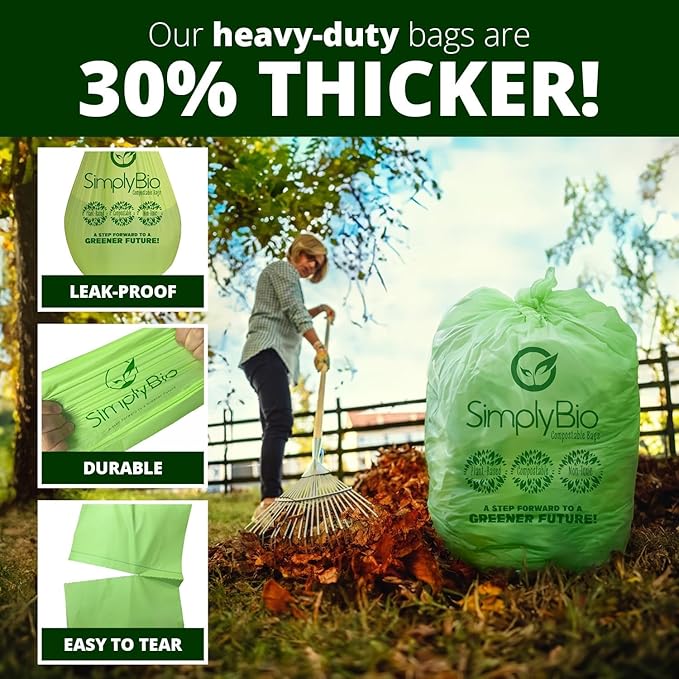 60-64 Gallon Compostable Trash Bags 12 Bags with Flat-Top Large Compost Bags Thick 1.57 Mil, 242.72 Liter Lawn and Yard Waste Bag for Outdoor Garden ASTM D6400, US BPI and OK Compost Home Certified