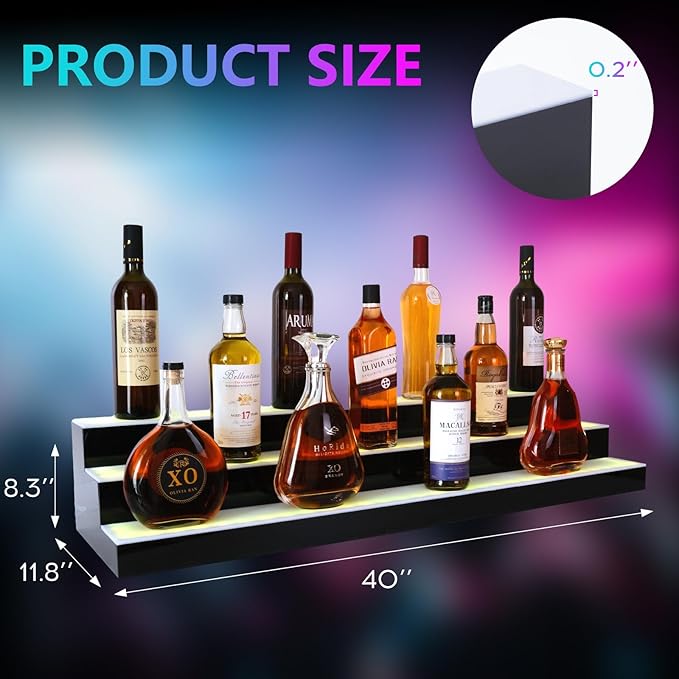Led Lighted Liquor Bottle Display Shelf, 40 Inch 3 Tier Whiskey Rack, Support