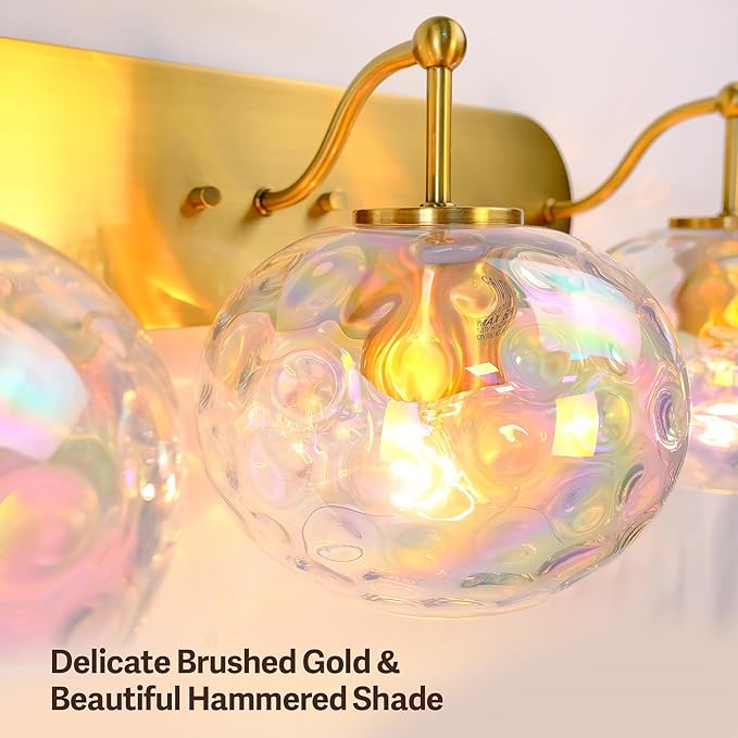 23" Brushed Gold Vanity Light Stained Hammered Glass Wall Sconce 3-Light Brass