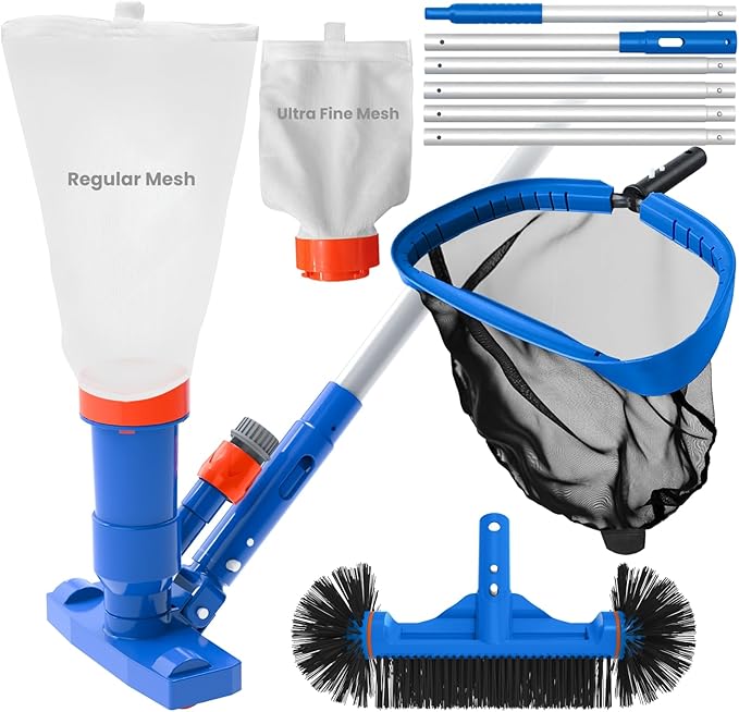 Poolvio Pool Cleaning Kit with Spa Jet Vacuum Cleaner, 8-Foot Pole, Leaf Rake Net & Round Brush for Inflatable and Above-Ground Pools