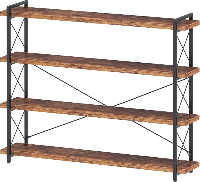 HCHQHS Large Bookshelf, 4-Tier Long Industrial Bookcase, Rustic Brown Book Shelf, Freestanding Horizontal Bookshelves with Metal Frame