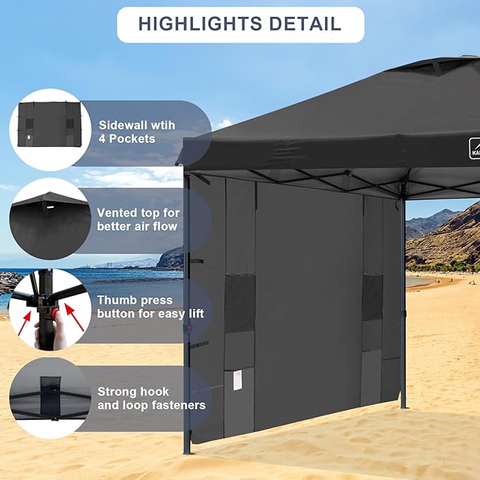 KAMPKEEPER 10x10 Easy Pop Up Canopy Tent with Sidewalls, Instant Outdoor Shade Shelter with Removable 10FT Sun Walls, Quick Setup Waterproof and UV-Resistant for Patio (Black, 1 sidewall)