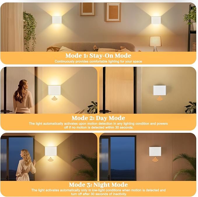 Motion Sensor Wall Light Indoor Set of 2, 6000mAh Wireless Rechargeable Battery