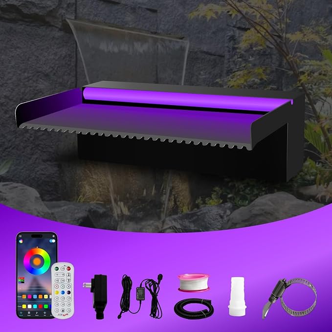 Pool Waterfall Spillway Stainless Steel Pond Fountain, APP Control Colorful LED Lighted Outdoor Black Fountains, Water Flow Spillways Kit for Koi Pond, Swimming Pool, Garden-11.8"x7.8"x3.9"