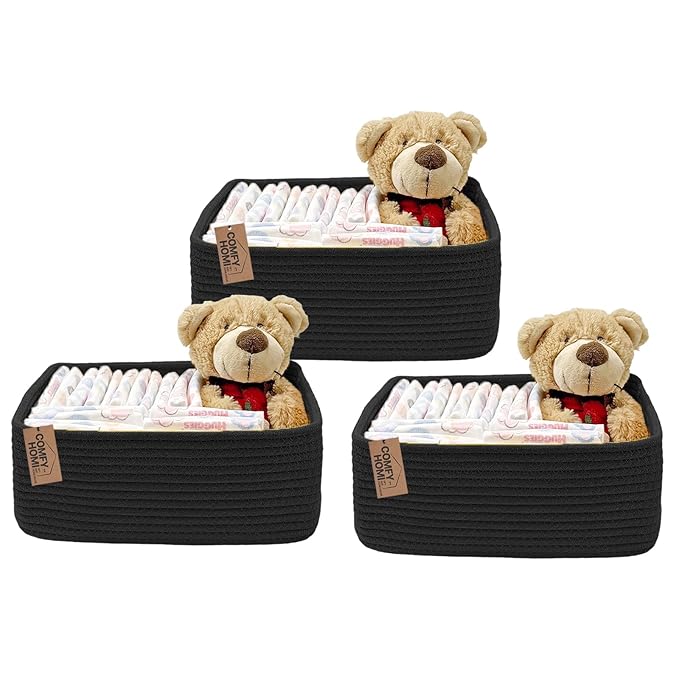 COMFY-HOMI 11.5"x7.5"x4.7" Storage Baskets for Organizing | Cotton Rope Woven Basket | Toy Storage Bin Box | Basket for Shelves, Closet Organizer Bin, Decorative Closet Shelf, 3 Pack, All Black