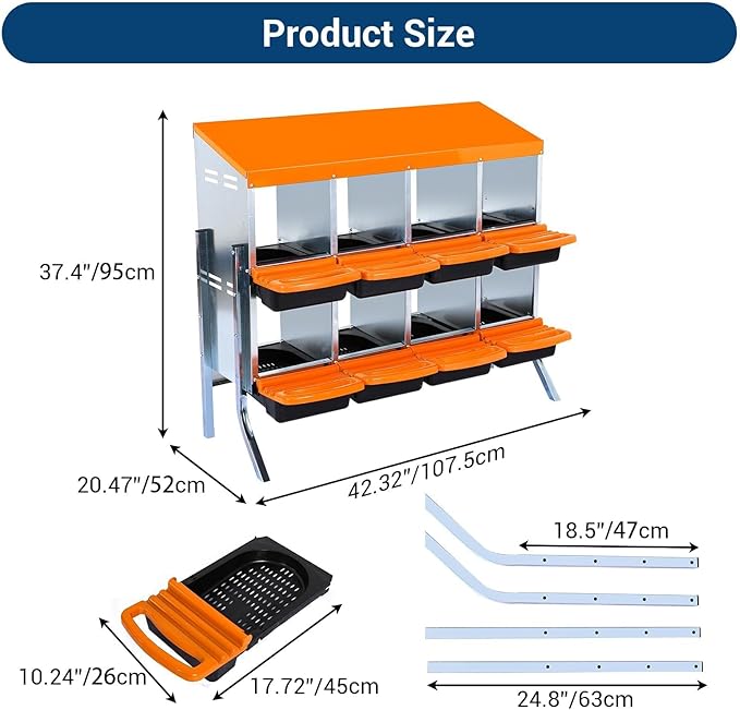 [8-Pack] Chicken Nest Box for Hens - Galvanized Steel Wall-Mounted or Freestanding Chicken Nest with Ventilation Holes - Poultry Nest Box with Legs for Egg Laying (Orange)