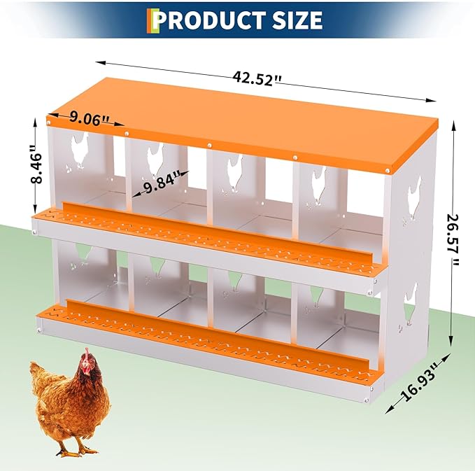 Chicken Nesting Boxes,8 Compartments Galvanized Steel Metal Laying Boxes,Pull-Out Egg Box Easy Egg Collection & Clean,Wall Mount Suitable for Farm Chicken House,Orange