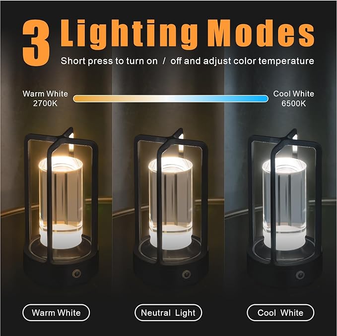Rechargeable Table Lamp Cordless, 3 Color | Crystal | Stepless Dimming