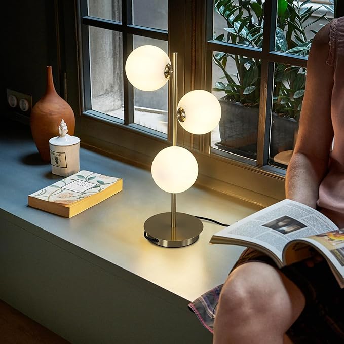 3 Lights Brass Metal Bedside Lamp, Mid Century Globe Table Light, G9 Base