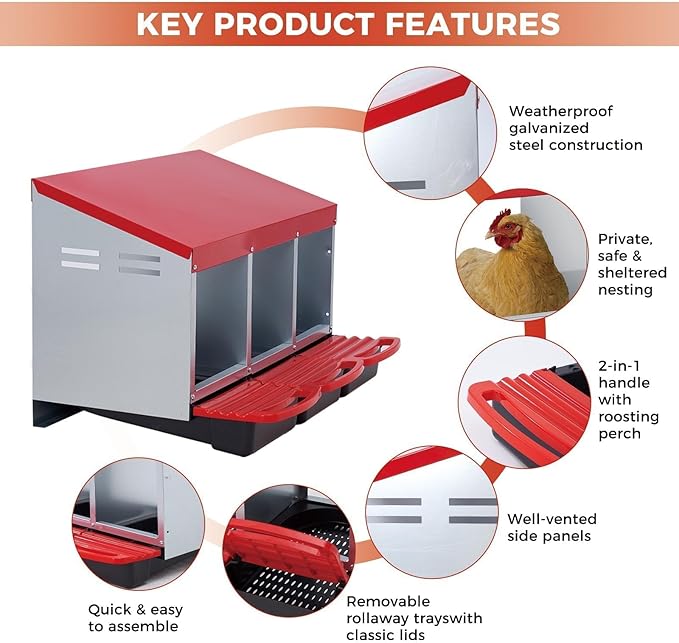Chicken Nesting Boxes, Metal Rollaway Chicken Nest Box with Rollout Egg Collection, Removable Tray & Nesting Pads, Egg Laying Box for Chicken Coop Hens, Wall Mount or Standing, 3 Compartments, Red