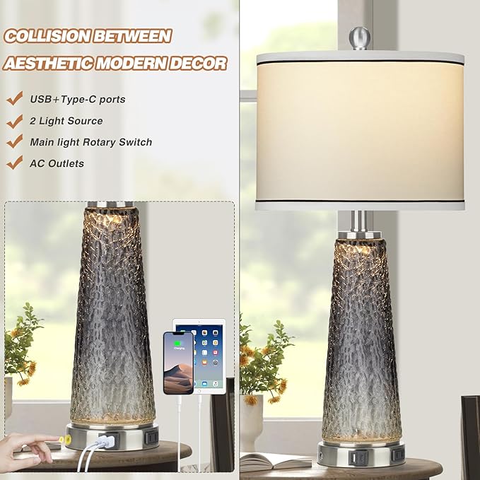 Glass Table Lamp Set of 2, Touch Control Bedside Nightstand Lamp