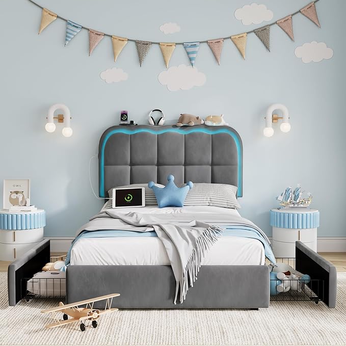 Twin Bed Frame with Storage Drawers and Headborad, Upholstered LED Twin Size Platform Bed Frame for Kids – Sturdy Metal Bed Frame Twin with Wood Slats Support, No Box Spring Needed,Grey