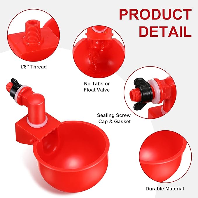 Patelai Chicken Water Cups, Chicken Waterer Cups Summer Water Feeder Cup 3/8 Inch Thread Automatic Filling Waterer Poultry Drinking Bowl for Duck Turkey Bunny(Red,12 Pieces)