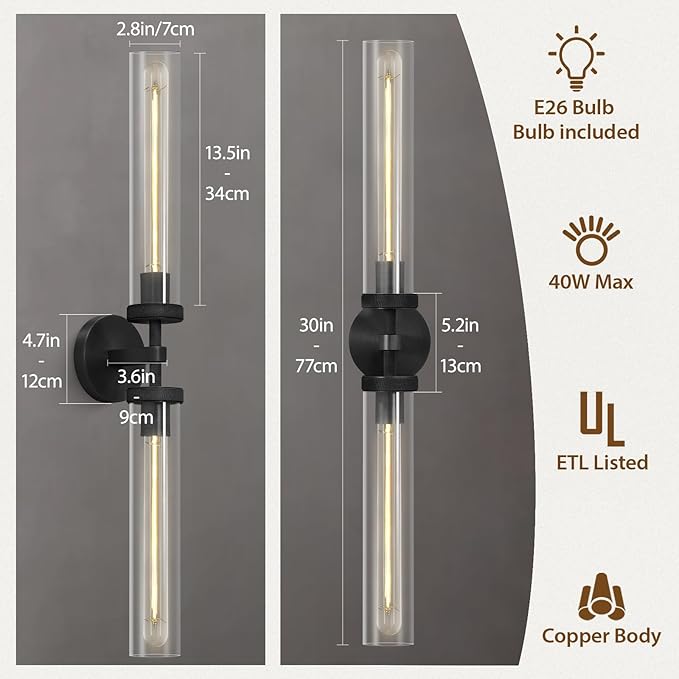 Modern 2-Light Black 30in Knurled Wall Sconces, Double Glass Sconces Wall