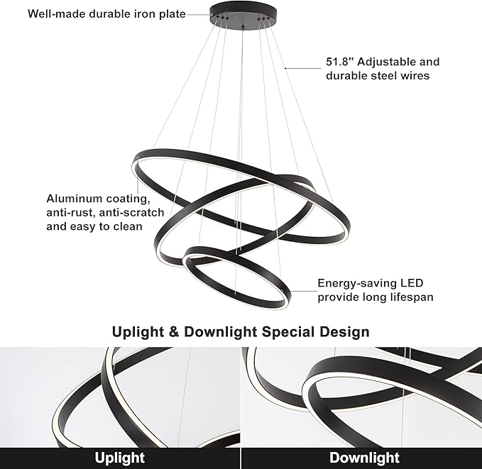 Elegant 3-Rings Black Modern LED Chandelier – Fully Dimmable High Ceiling