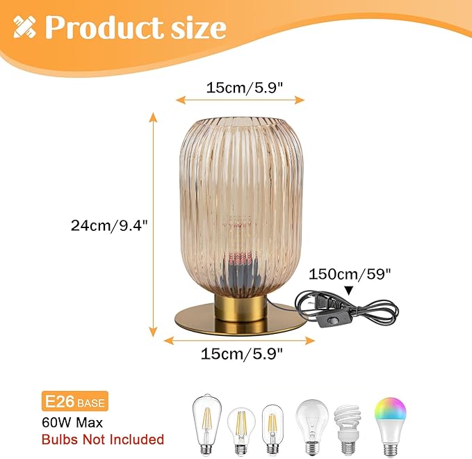 Small Table Lamp, Mid Century Modern Bedside Table Lamp, Amber Ribbed Glass