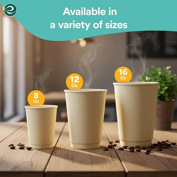 ECO SOUL 100% Compostable Plant-Based Hot Cups | 16oz, 12oz, 8oz | Disposable Bagasse Paper Cups | Eco-friendly Cups | Sturdy, Microwave & Oven Safe (200, 8oz)