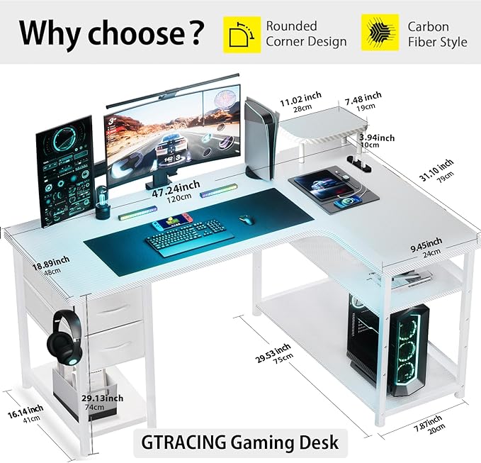 GTRACING Gaming Desk with Drawers, Carbon Fiber Style L Shaped Computer Desk Compatible with Monitor Arm Corner Desk Gaming Table for Home Office Desks, Easy to Assemble Adjustable Shelf Height
