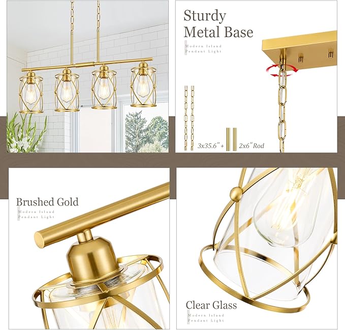 4-Light Kitchen Island Lighting, Modern Brushed Gold Dining Room Light Fixtures