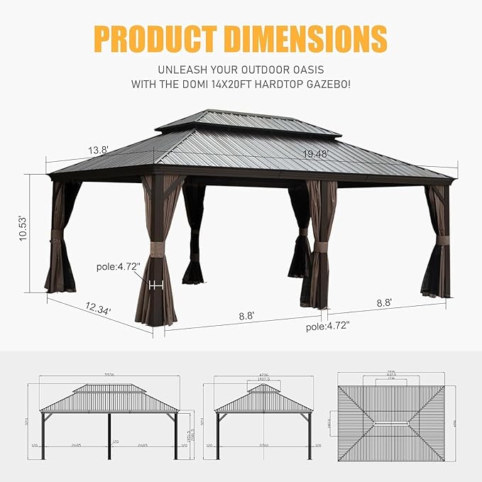 Domi Outdoor Living 14’ X 20’ Hardtop Gazebo, Outdoor Aluminum Frame Canopy with Galvanized Steel Double Roof, Outdoor Permanent Metal Pavilion with Curtains and Netting for Patio, Backyard and Lawn