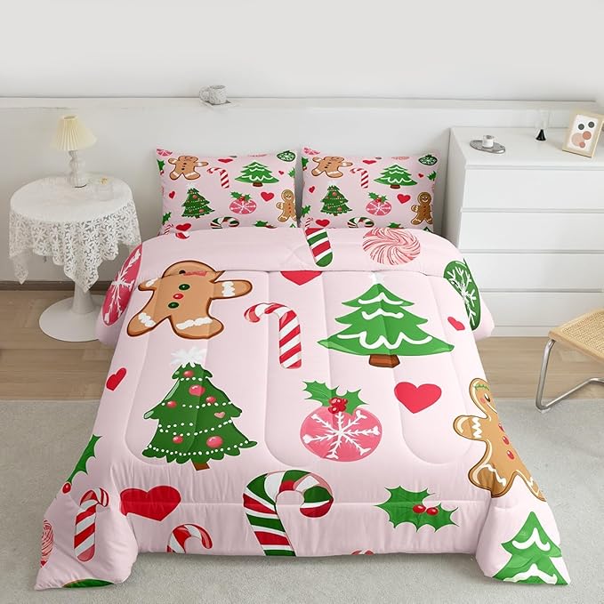 Feelyou Merry Christmas Kids Comforter Set Twin Size Gingerbread Man Bedding Set Christmas Decor Duvet Quilt for Kids Boys Girls Bedroom New Year Gift Decor Microfiber Ultra Soft Breathable