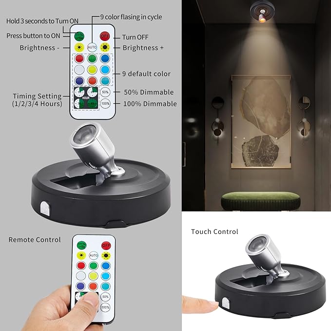 Wireless LED Spotlight Battery Powered Picture Lights, RGB Spot Lights Indoor