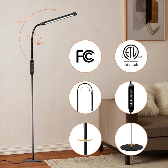 Dimmable LED Floor Lamp for Living Room, Adjustable Lash Light, Timer Light