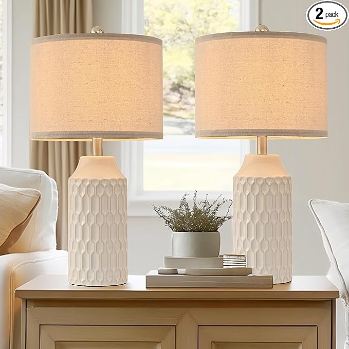22IN Modern Ceramic Table Lamp Set of 2 White Lamps