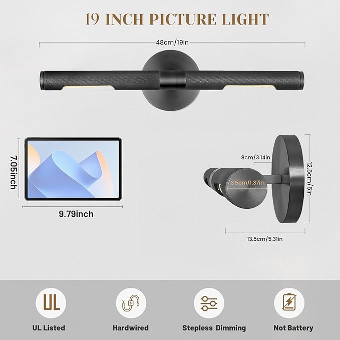 Hard-wired Knurled Picture Light, 19in Black Picture Light