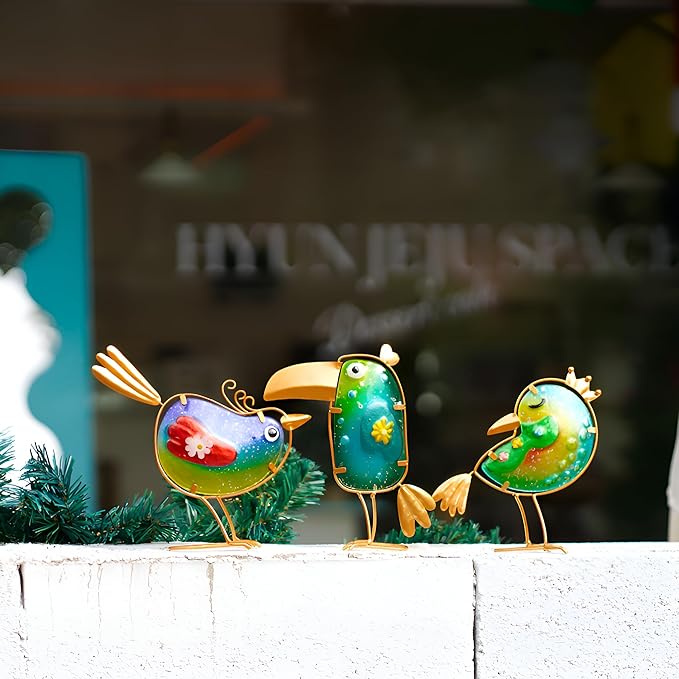 Funny Metal & Glass Bird Decor Set of 3 - Unique Colorful Indoor & Outdoor Garden Statues Whimsical Lawn Decorations Handmade Bird Sculptures Garden Decor for Outside