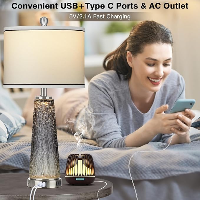 Glass Table Lamp Set of 2, Touch Control Bedside Nightstand Lamp