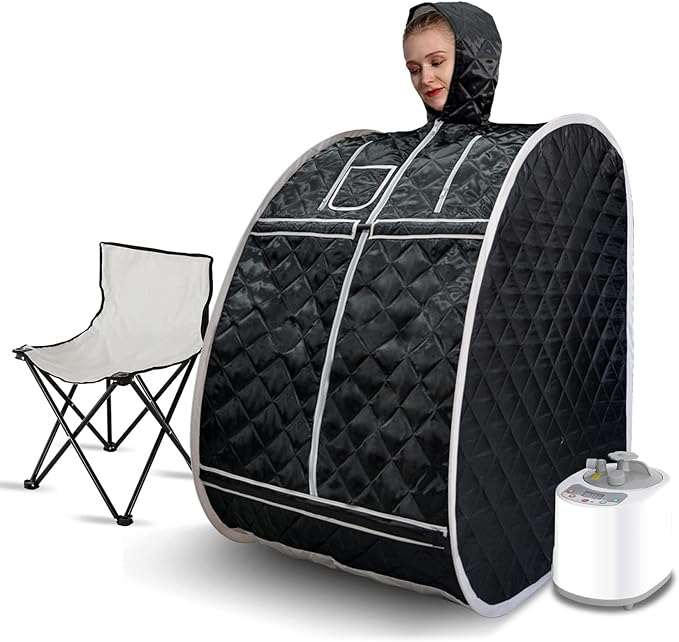 Smartmak Full Body Home Steam Sauna Kit, Portable Lightweight Personal Spa Saunas, 2L&900W Steam Generator with Protection & Remote Control, Foldable Chair Included for Relaxation-BlackGrey