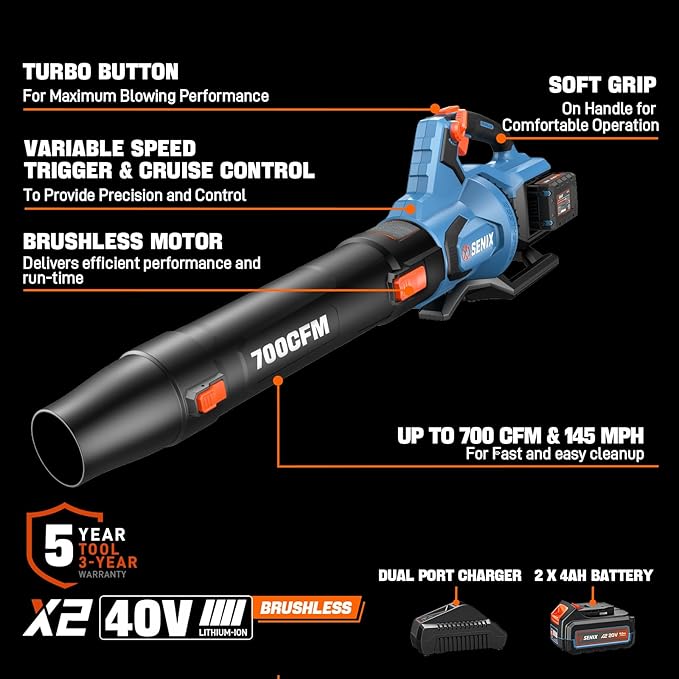 SENIX Leaf Blower Cordless, 40V Max Electric Leaf Blowers, Brushless, Handheld, Up to 700 CFM and 145 MPH, 2 Speed Mode, Cruise Control, Includes 2 x 4.0Ah Battery and Charger (BLAX2-M2)