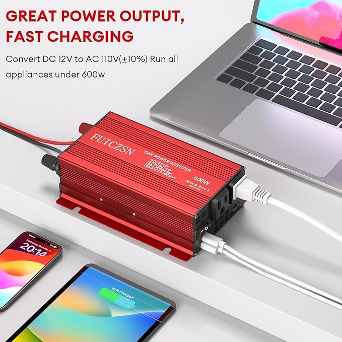 600W Car Power Inverter 12V DC to 110V AC Car Plug Adapter Outlet Converter with 2 AC Outlets and 65W PD USB-C & 18W QC USB-A Fast Charging Ports Power Inverters for Vehicles(Red)