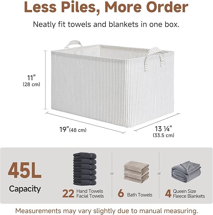 StorageWorks Storage Bins, Fabric Storage Bins for Shelves, Extra Large Storage Baskets with Metal Frame, Closet Baskets and Bins with Handles, Jumbo, Gray and White Stripes, 2-Pack