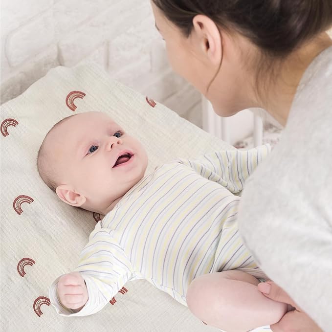 Gllquen Baby Muslin Bassinet Sheets 3 Pack, Breathable Elastic Cozy Fitted Cotton Bassinet Mattress Sheet for Baby Boy Girls, Fit for Hourglass Oval Rectangular Cradle Pad Sheets 33"x17"(Rainbow)