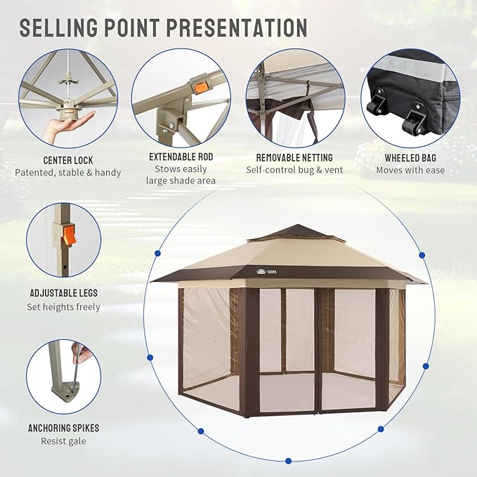CROWN SHADES 12x12 Pop up Gazebo with Mosquito Nettings, Patented Center Lock 6-Sided Portable Gazebo, 300D Silver-Coated Fabric UV Resistant, Pop Up Canopy Tent for Patio, Party, Beige&Coffee