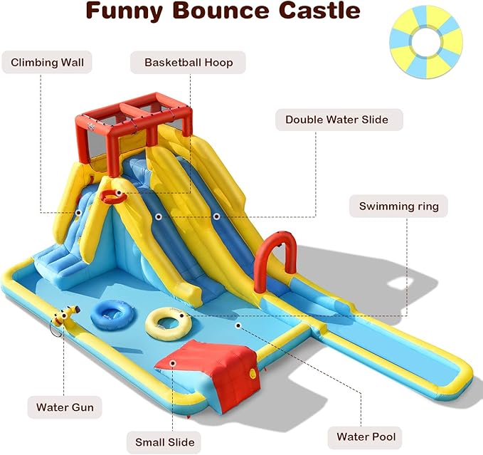 BOUNTECH Inflatable Water Slide, Dual Surfing Slides Kids Water Slide Park Jump Bouncy Castle w/2 Swimming Rings, Large Splash Pool, Backyard Outdoor Blow up Water Slides Inflatables for Big Kids