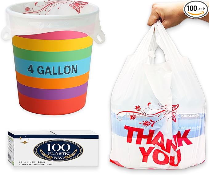 4 Gallon Small Trash Bags with Handles – 100 Count, 11" x 21" Plastic Garbage Bags for Home, Kitchen, Office, Bathroom – Thank You T-Shirt Style Bags for Small Business, Takeout, Grocery Use