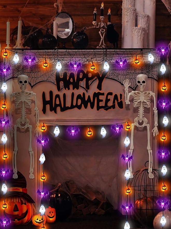 Halloween String Lights, 3D Pumpkin Bat Ghost Fairy Lights Battery Operated