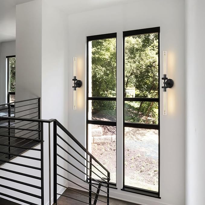 Modern 2-Light Black 30in Knurled Wall Sconces, Double Glass Sconces Wall